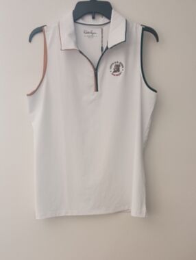 Walter Hagen White Sleeveless Polo Tank with Brown and Green Trim Accents